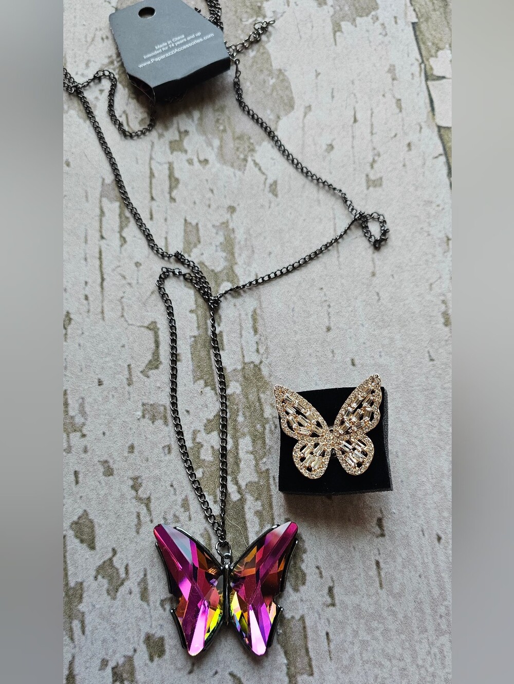 Multicolor Crystal Butterfly Necklace with Gold Butterfly Stretch Ring
